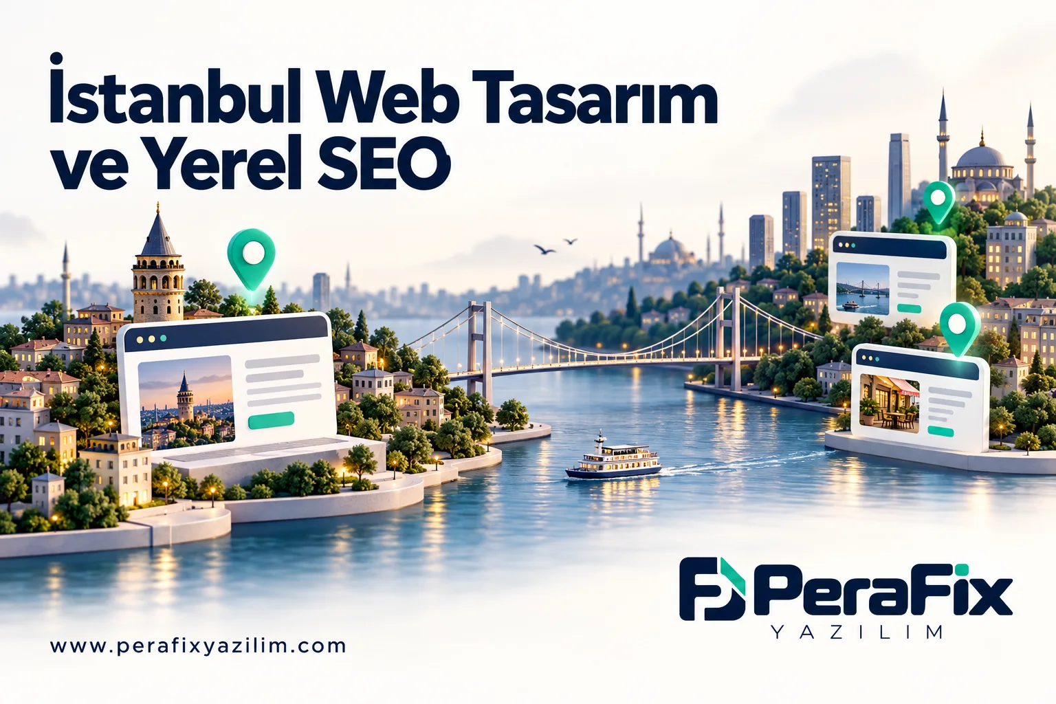 İki kıyılı temsili şehir ve yerel içerik kartlarından oluşan İstanbul SEO illüstrasyonu.