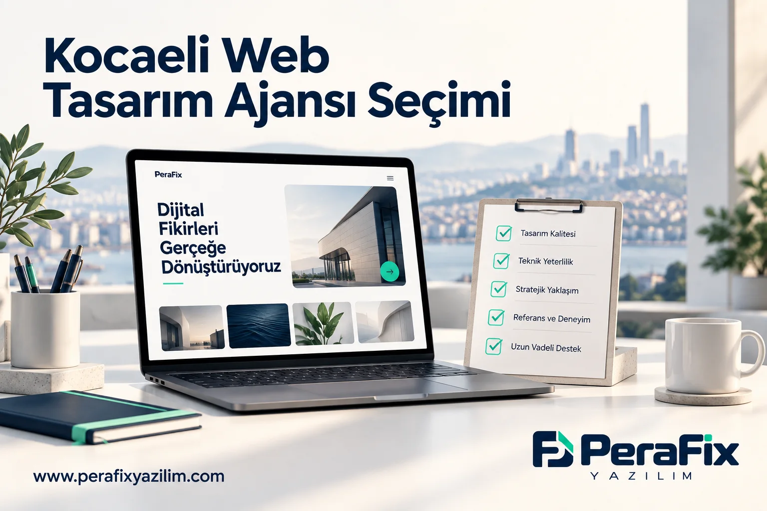 Web tasarım portföyü ve proje değerlendirme kontrol listesini gösteren Kocaeli rehberi illüstrasyonu.
