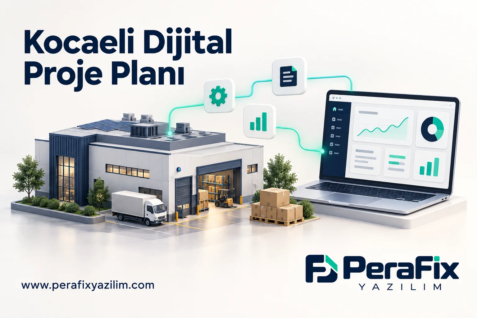 Üretim ve hizmet iş akışlarını dijital ekranlara bağlayan Kocaeli proje planı illüstrasyonu.