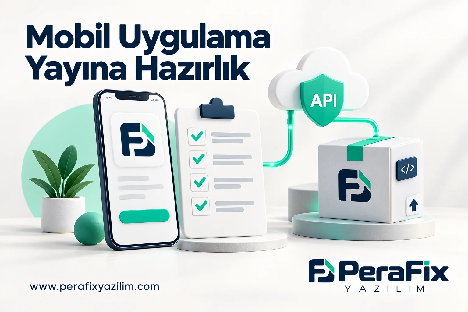 Mobil ekran, API bağlantısı ve test listesinden oluşan yayına hazırlık illüstrasyonu.