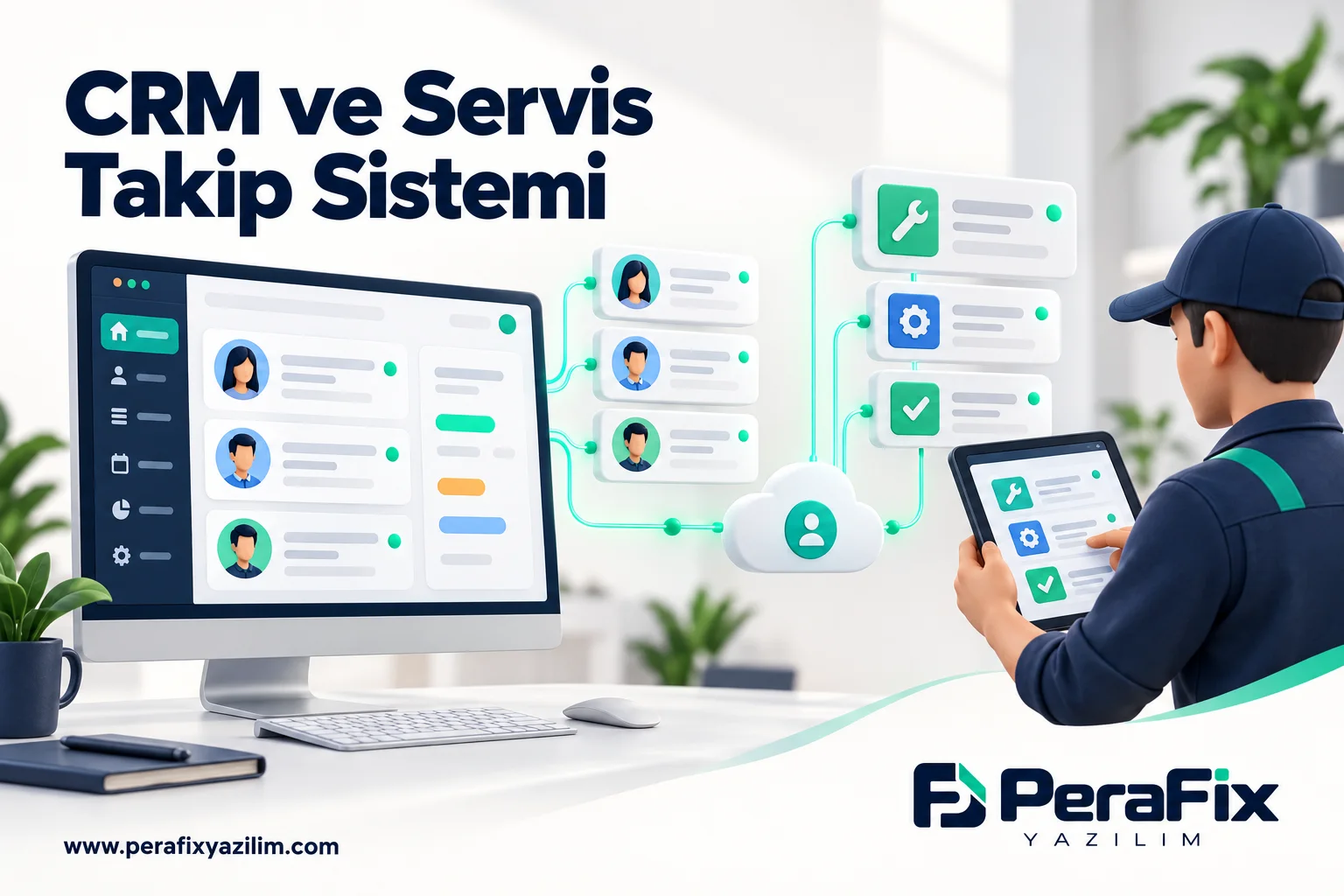 Müşteri kayıtları ile saha iş emirlerini bağlayan CRM ve servis takip illüstrasyonu.