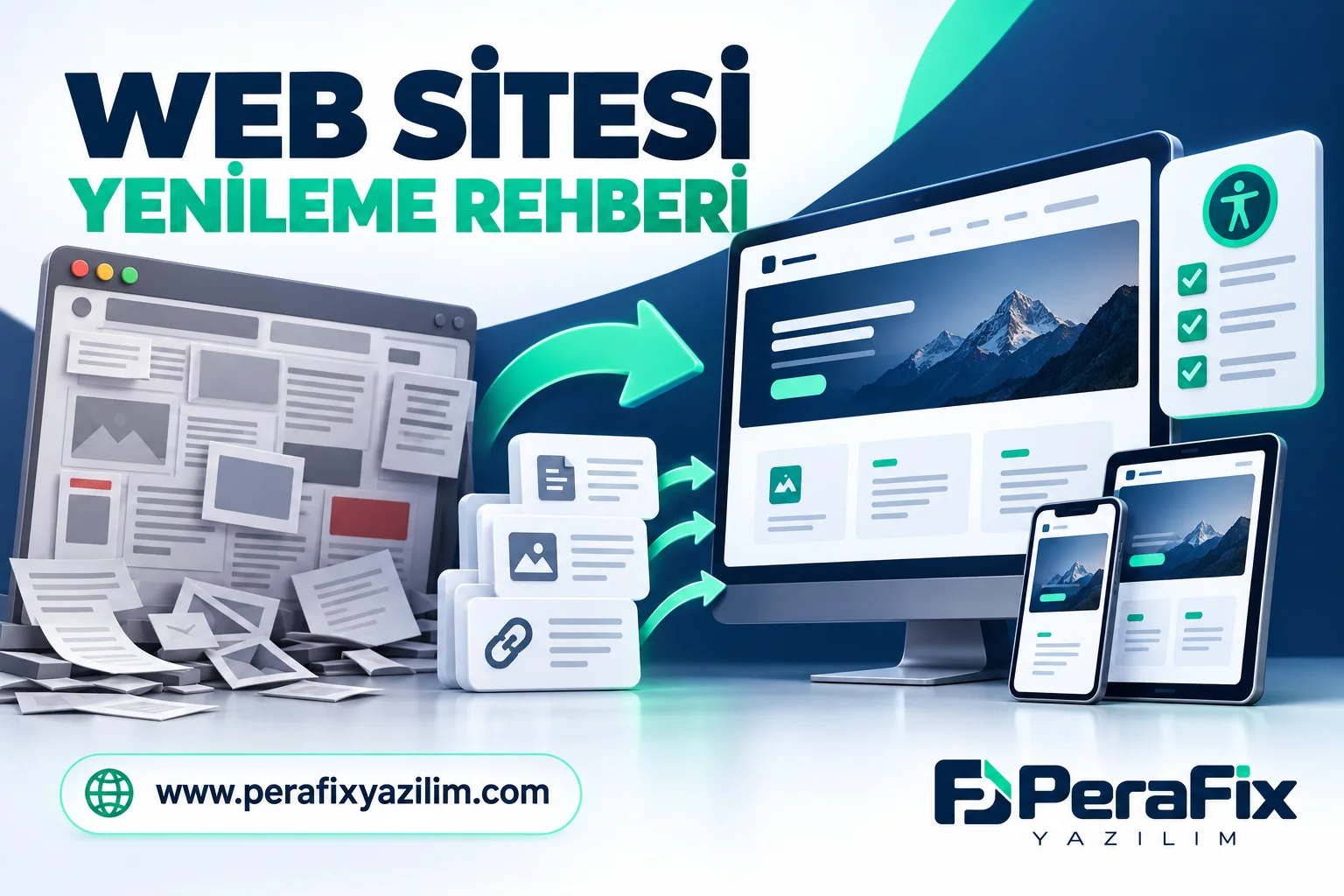 Eski bir web sitesinden düzenli ve mobil uyumlu yeni yapıya geçişi gösteren PeraFix illüstrasyonu.