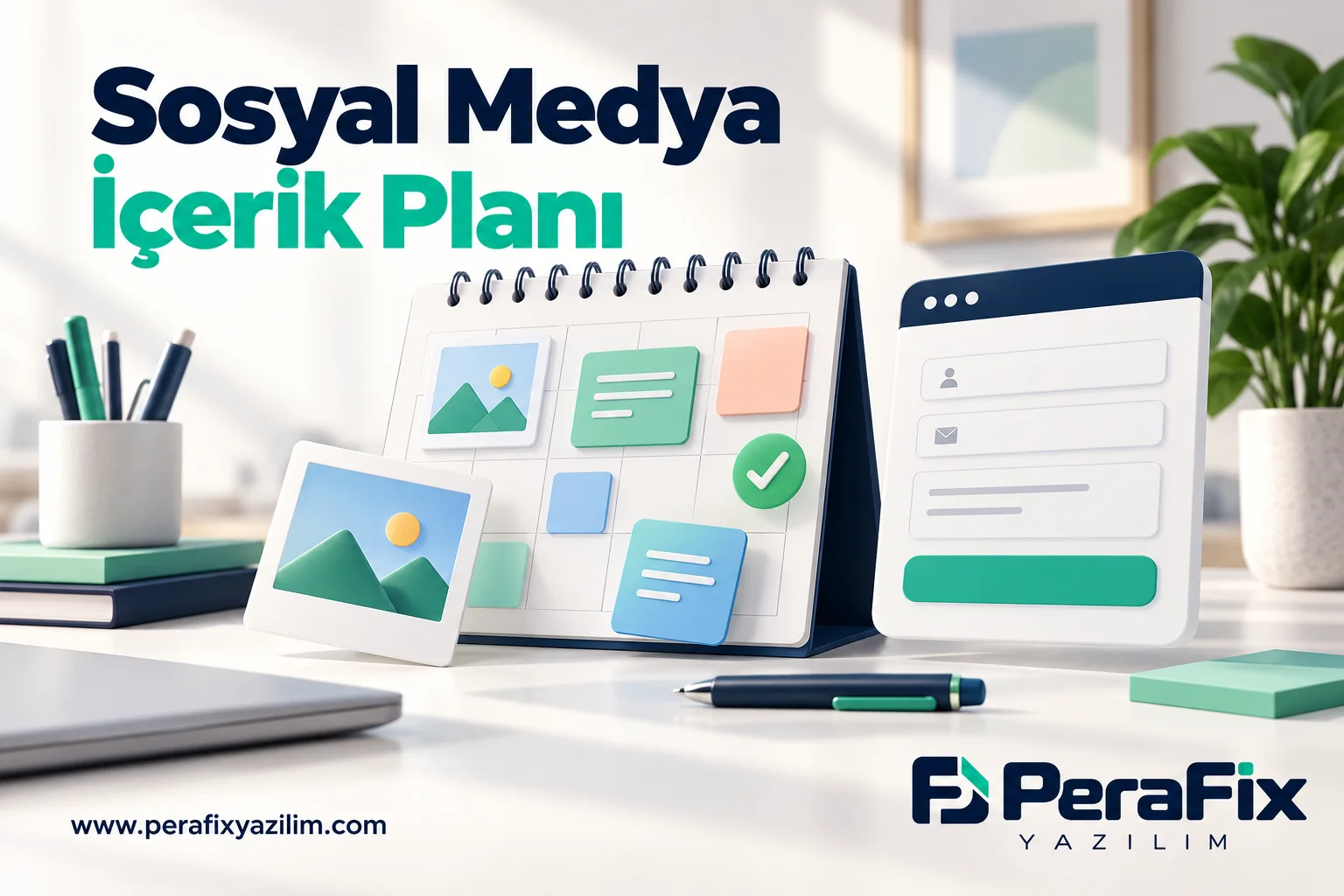 İçerik takvimi, onay adımı ve web formunu bağlayan sosyal medya planı illüstrasyonu.