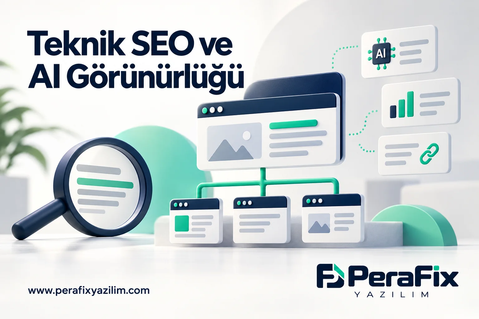 Sayfa mimarisi, arama ve yapılandırılmış bilgiyi anlatan teknik SEO illüstrasyonu.