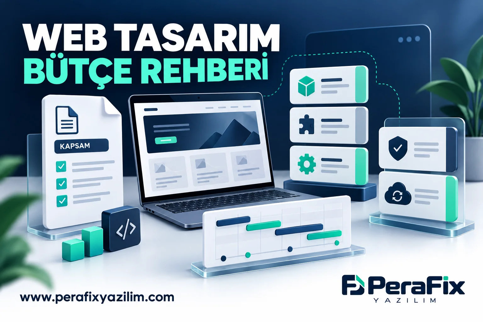 Web tasarım kapsamını, zaman çizelgesini ve teslim kalemlerini karşılaştıran PeraFix illüstrasyonu.