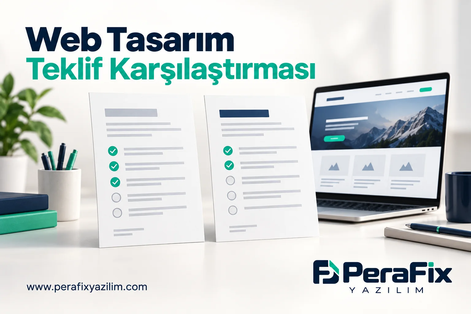 İki teklif dosyasını kapsam maddeleriyle karşılaştıran web tasarım illüstrasyonu.