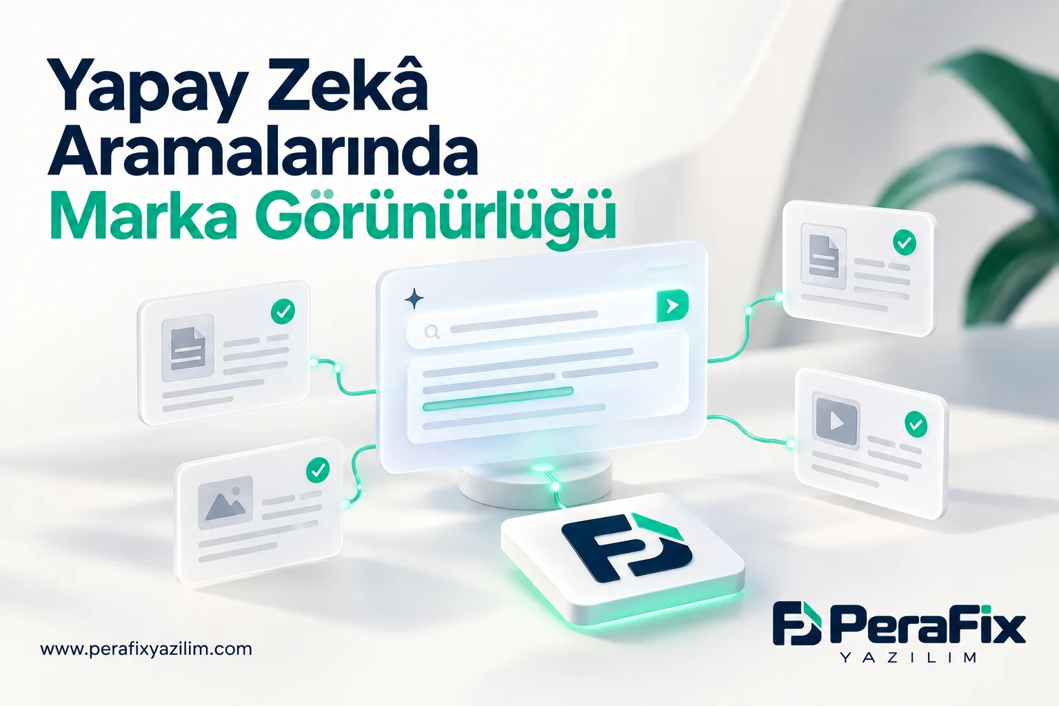 Kaynak dokümanları ve yanıt arayüzünü birleştiren yapay zekâ görünürlüğü illüstrasyonu.