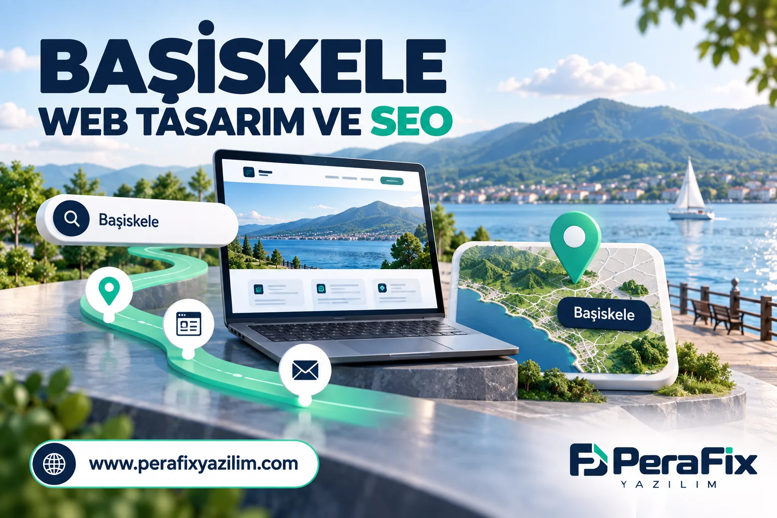 Başiskele için web sitesi, hizmet bölgesi ve yerel talep yolunu temsili biçimde gösteren PeraFix illüstrasyonu.