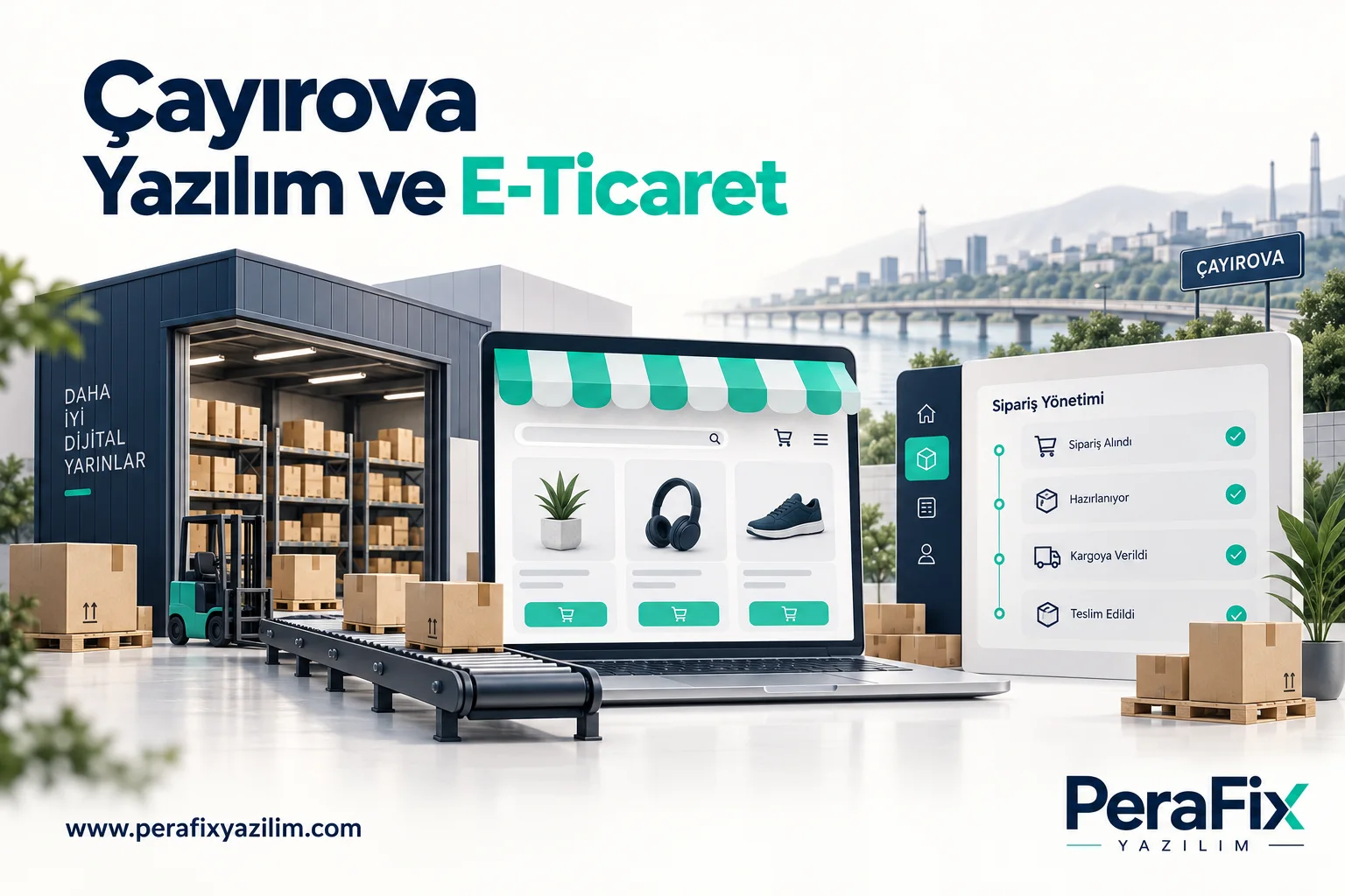 Çayırova Yazılım ve E-Ticaret sürecini anlatan temsili dijital illüstrasyon