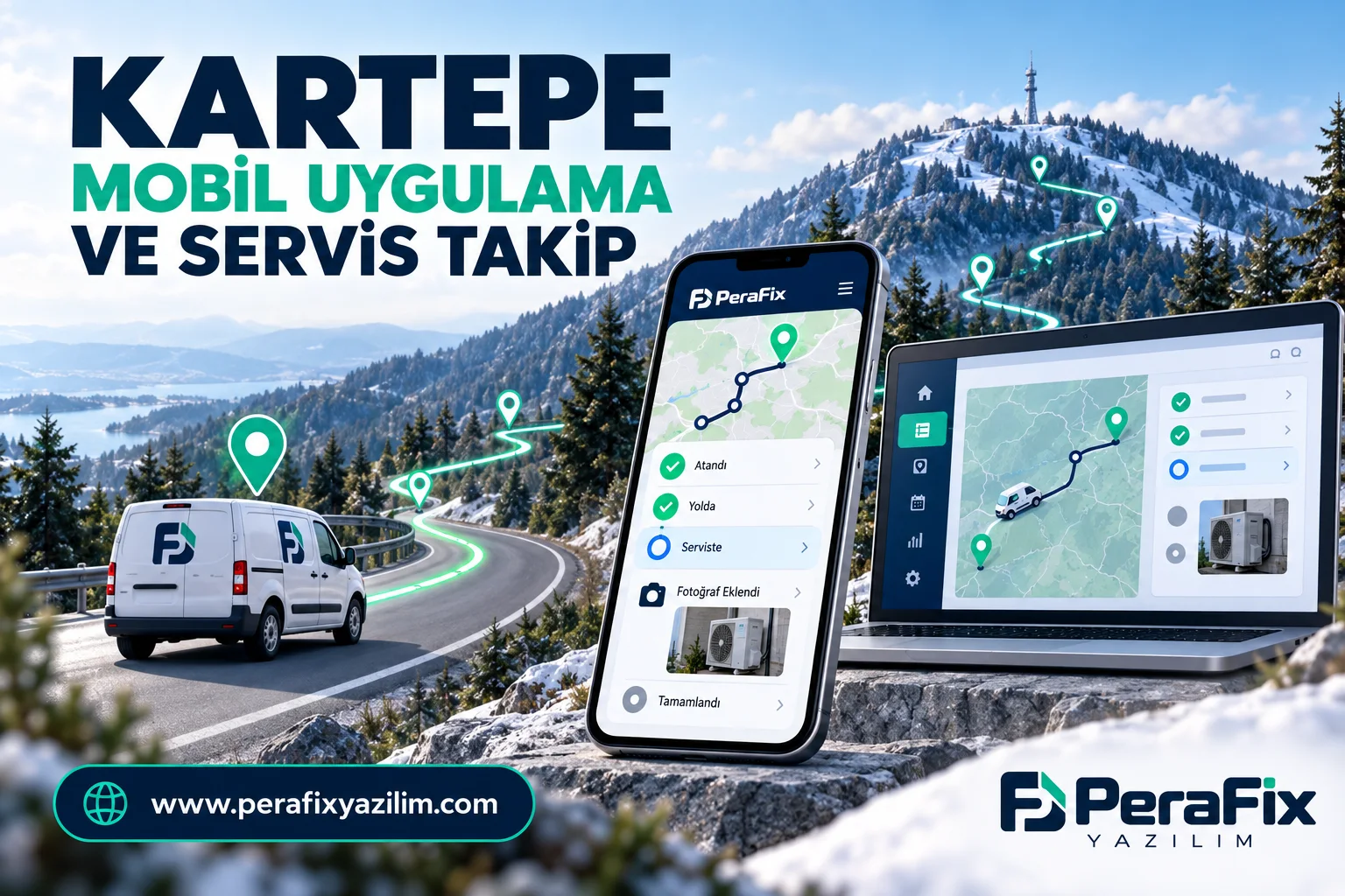 Kartepe için mobil iş emri, saha rotası ve servis takip panelini temsili biçimde gösteren PeraFix illüstrasyonu.
