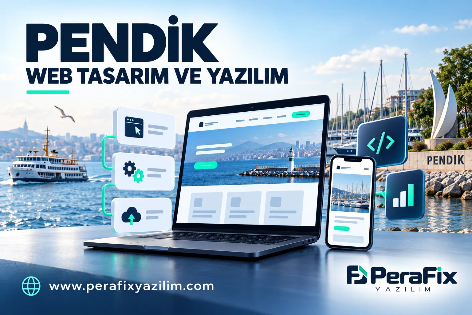 Pendik sahilini temsili olarak web sitesi ve özel yazılım akışıyla birleştiren PeraFix illüstrasyonu.