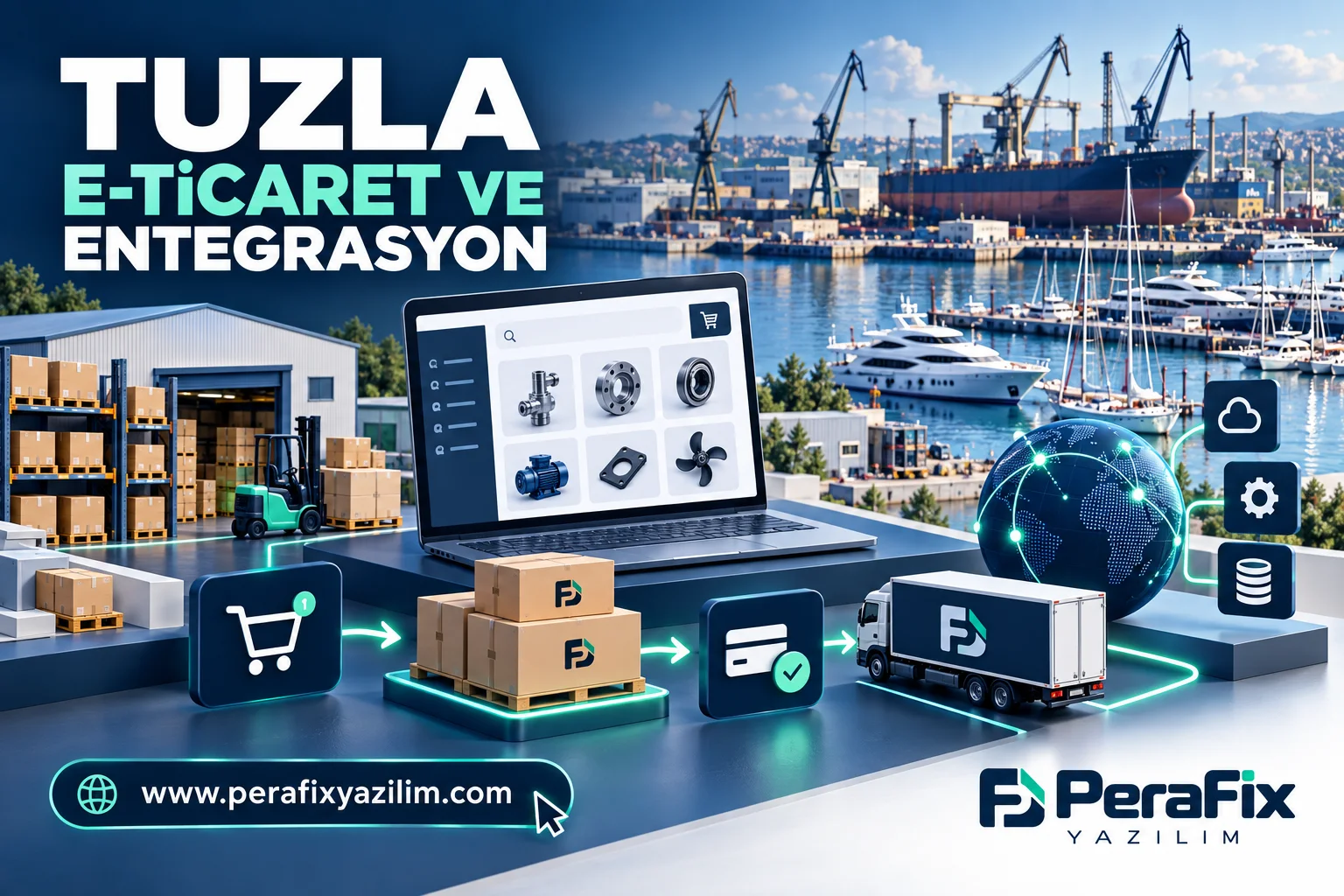 Tuzla için ürün, stok, ödeme ve lojistik entegrasyonlarını temsili biçimde gösteren PeraFix illüstrasyonu.