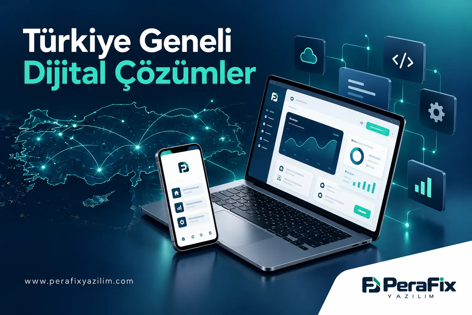 Türkiye geneli dijital proje sürecini anlatan bilgisayar, mobil uygulama ve bağlantı ağı illüstrasyonu